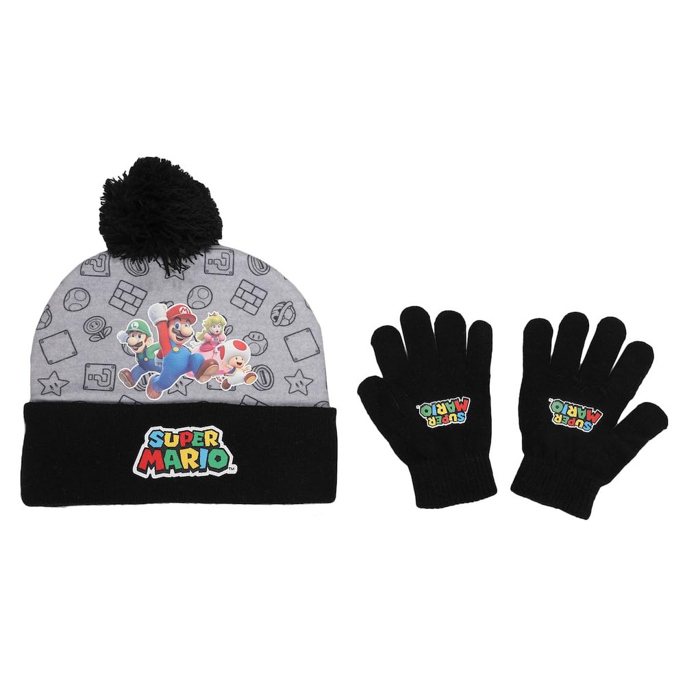 Super Mario Brothers and Princess Peach Youth Cuff Beanie and Gloves Set