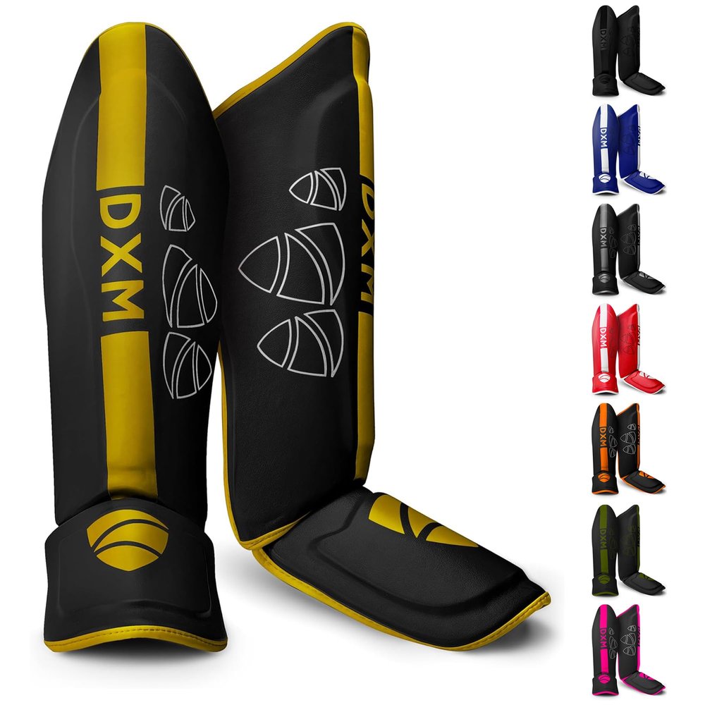DXM Martial Arts Shin Guards Kickboxing Leg Guards with Instep Protection for for Muay Thai, Boxing, MMA, Karate, Taekwondo, Sparring, Training, MMA Equipment (XL, Gold & Black)