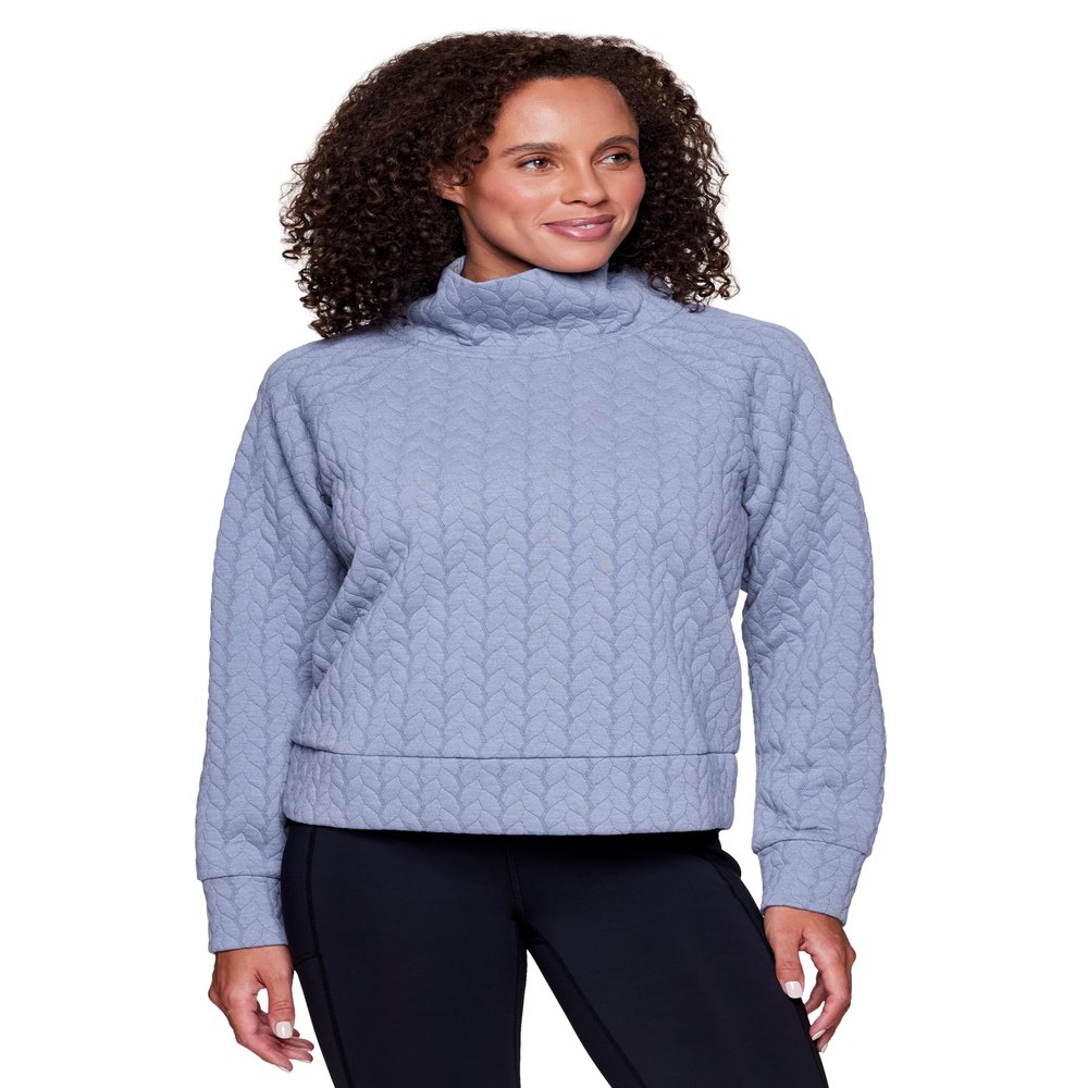 RBX Cowl Neck Sweater for Women Cowl Neck Cable Knit Sweatshirt Lightweight Long Sleeve Mock Neck Pullover, Relaxed Fit Yoga Sweater Cable Light Blue L