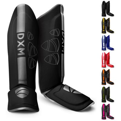 DXM Martial Arts Shin Guards Kickboxing Leg Guards with Instep Protection for for Muay Thai, Boxing, MMA, Karate, Taekwondo, Sparring, Training, MMA Equipment (S, Silver & Black)