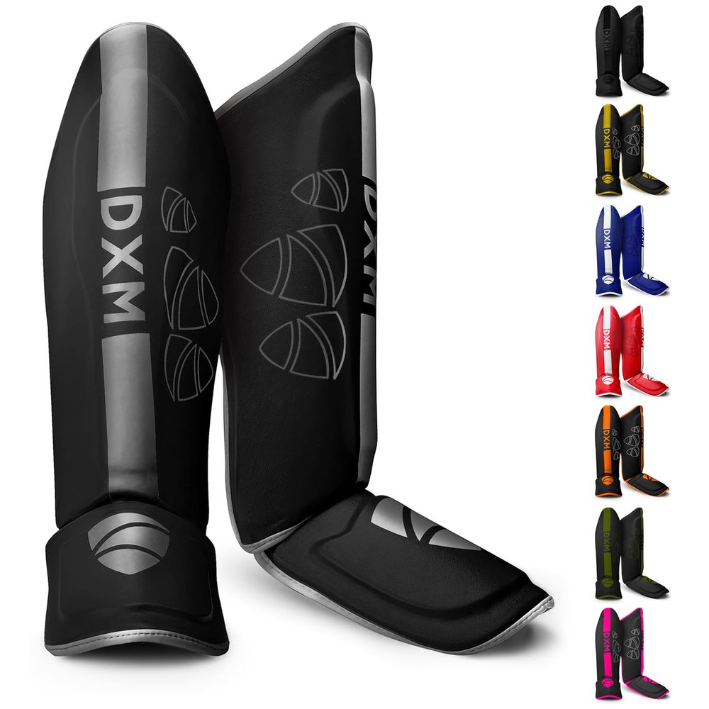 DXM Martial Arts Shin Guards Kickboxing Leg Guards with Instep Protection for for Muay Thai, Boxing, MMA, Karate, Taekwondo, Sparring, Training, MMA Equipment (S, Silver & Black)
