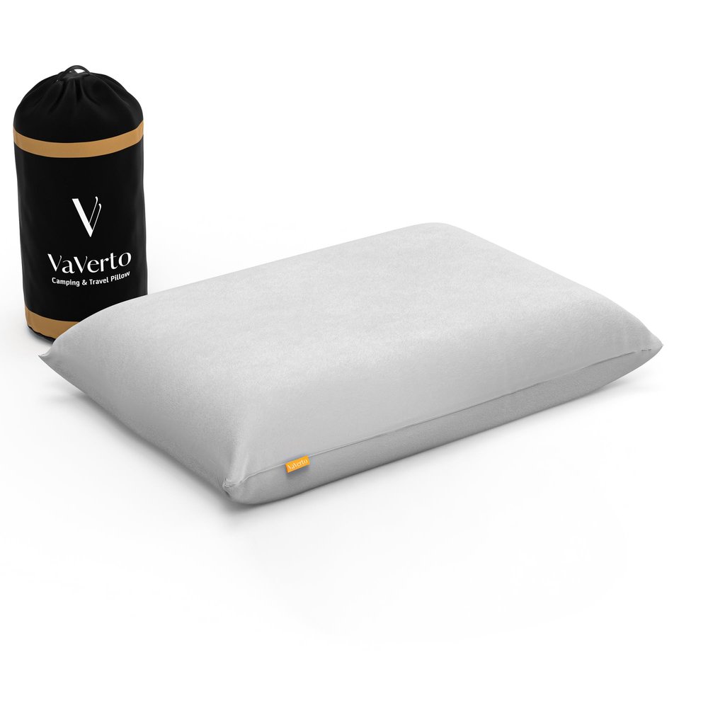 Vaverto Camping Pillow, Medium Firm Memory Foam Travel Pillow, Compressible & Portable, Breathable Washable Cover, Backpacking, Airplane & Car Travel, 12" x 18"