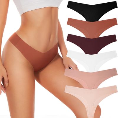Hellopopgo Seamless Thongs For Women V-waisted No Show Thong Seamless Panties Breathable Comfortable Underwear Womens 6-Pack,L
