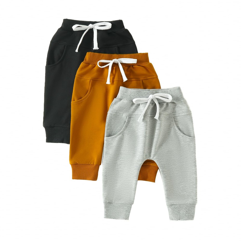 Toddler Baby Boy Girl 3 Pack Jogger Pants Ribbed Cotton Solid Color Drawstring Active Sweatpants Fall Winter Clothes (Black Brown Grey, 0-6 Months)
