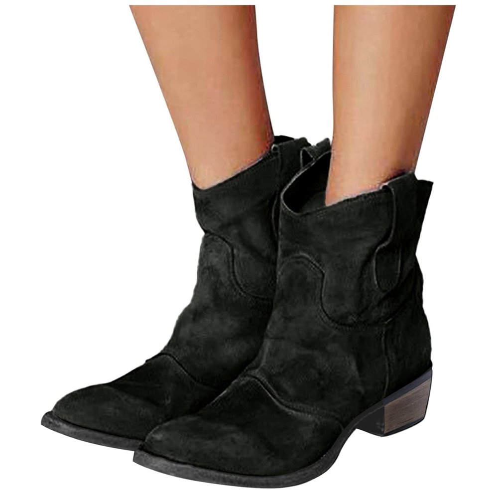 Dsisskai Womens Chunky Block Low Heel Mid Calf Boots Retro Round Toe Leather Side Zip Fall Winter Fashion Boots Comfortable Motorcycle Biker Boots for Women (Black, 9) Botines para Mujer de Tacon