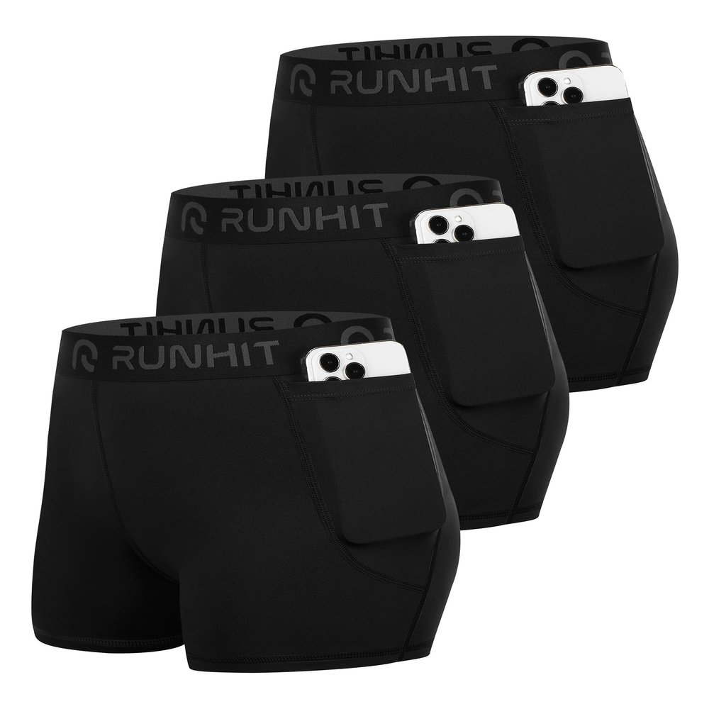 Runhit 3" Volleyball Shorts Womens 3 Pack Compression Shorts for Women Spandex Shorts Women with Pocket Workout Athletic Black Black Black M