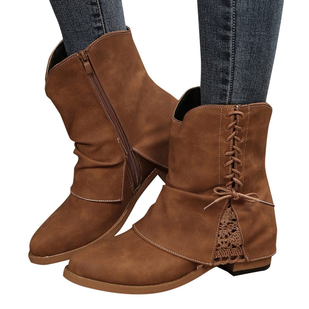 Ankle Boots for Women Retro Lace Up Pointed Toe Chunky Mid Heel Dress Short Boots Casual Comfortable Leather Outdoor Fall Booties Shoes (Brown, 8) Botines para Mujer Elegantes