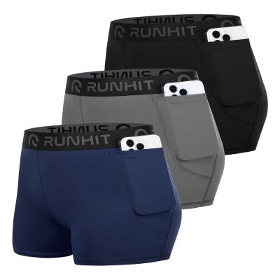Runhit 3 Pack Spandex Shorts with Pockets for Women Volleyball Shorts 3 inch Women's Compression Shorts Workout Biker Blue Gray Black L