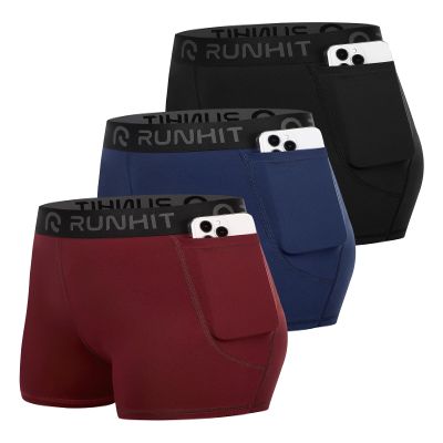 Runhit 3" Volleyball Shorts Womens 3 Pack Spandex Shorts Women with Pocket Compression Shorts for Women Running Athletic Red Blue Black L