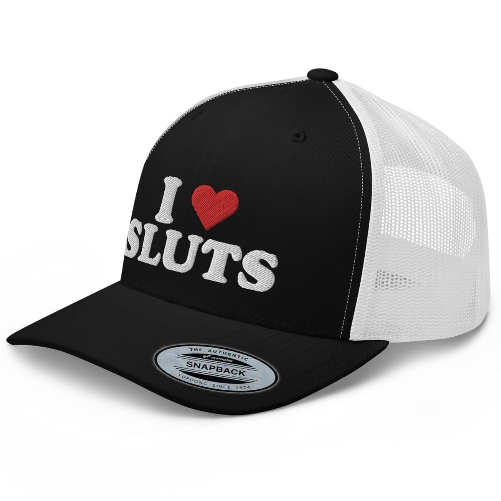 RIVEMUG I Love Sluts Trucker Hat Curved Bill Mid Crown Adjustable Funny Adult Humor Cap for Men Black/White