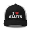 RIVEMUG I Love Sluts Trucker Hat Curved Bill Mid Crown Adjustable Funny Adult Humor Cap for Men Black/White view 2