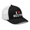 RIVEMUG I Love Sluts Trucker Hat Curved Bill Mid Crown Adjustable Funny Adult Humor Cap for Men Black/White view 4