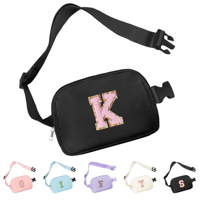 Aganmi Belt Bag for Women Fanny Pack, Chenille Initial Fashion Crossbody Waist Pack with Adjustable Strap, Waterproof Fanny Belt Bag for Travel Outdoors Running Hiking(Black K)