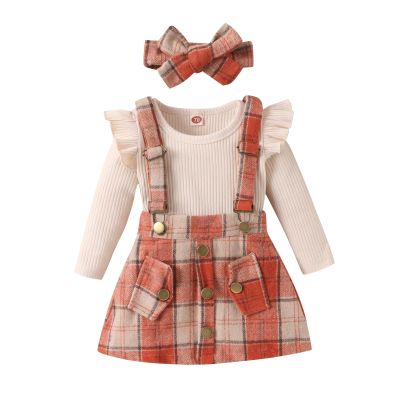 WASAIGOOD Newborn Baby Girl Skirts Set Fly Sleeve Ribbed Romper Plaid Suspender Skirt Toddler Infant Fall Winter Clothes Set (Apricot,12-18 Months)