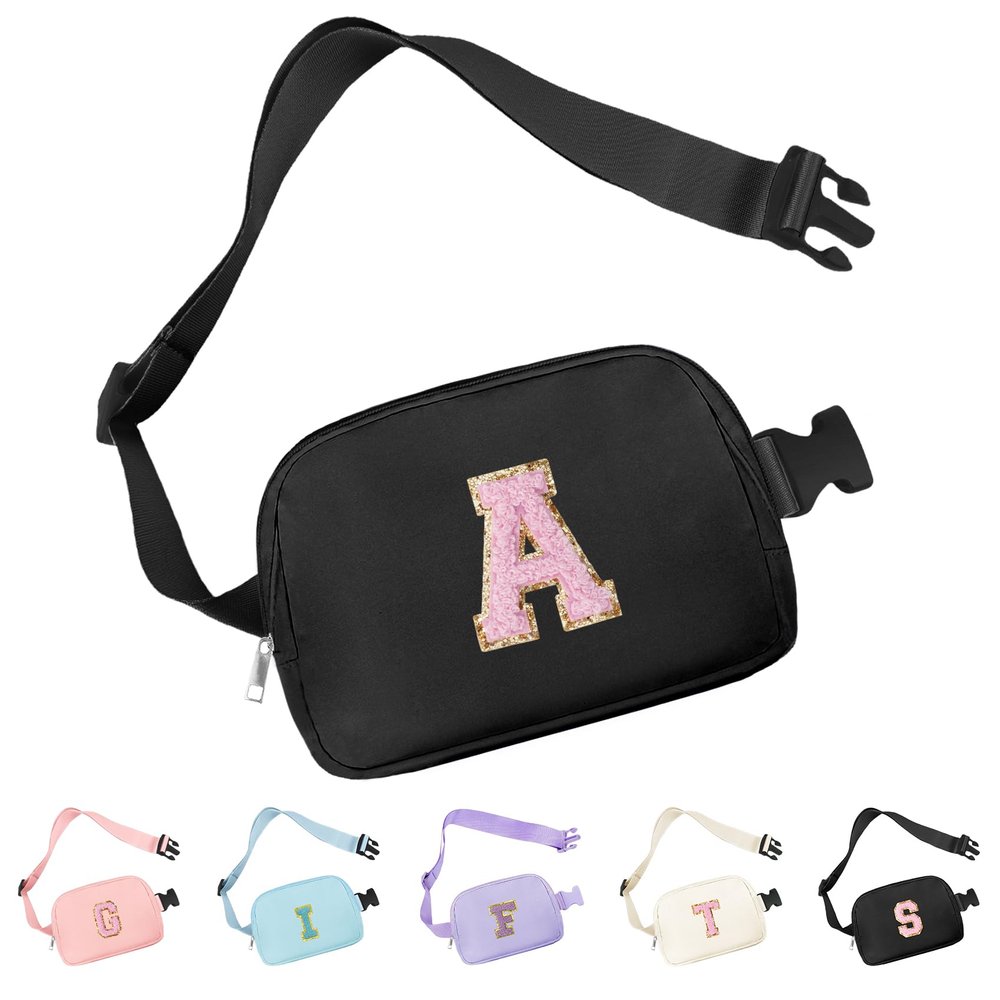 Aganmi Chenille Letter Crossbody Bags Fanny Packs for Women Waterproof Initial Cross Body Belt Bag with Inner Pockets and Adjustable Strap Trendy Birthday Mothers Day Gifts for Women (Black A)