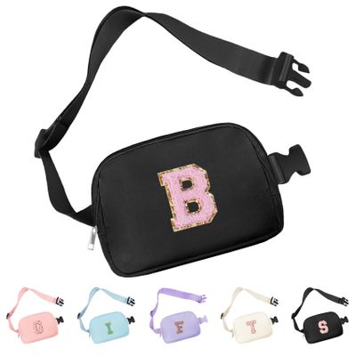 Aganmi Waist Pack for Running Fanny Pack for Women and Waterproof Crossbody Belt Bag Bum Bag Chenille Letter Everywhere Belt Bag with Adjustable Strap for Sports Purse Gifts(Black B)