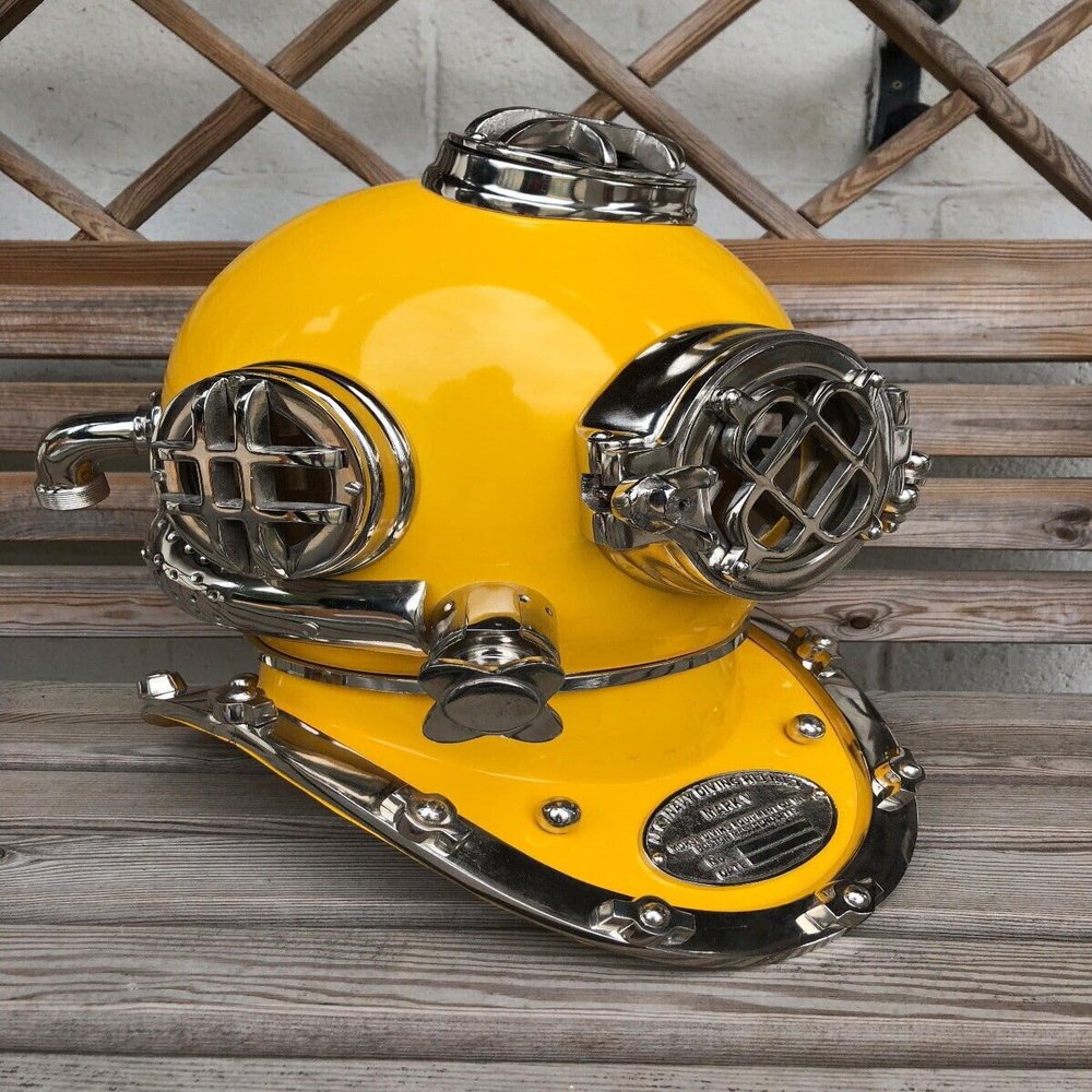 ALFA NAUTICAL Scuba Vintage Helmet Divers Diving US Navy Mark V Full Size Antique Divers Yellow Helmet