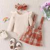WASAIGOOD Newborn Baby Girl Skirts Set Fly Sleeve Ribbed Romper Plaid Suspender Skirt Toddler Infant Fall Winter Clothes Set (Apricot,18-24 Months) view 2