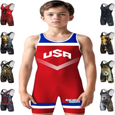 Exxact Sports Sublimated Youth Wrestling Singlet For Boys, Premium Powerlifting Singlet, Kids Wrestling Singlets For Training (YL, Red USA)