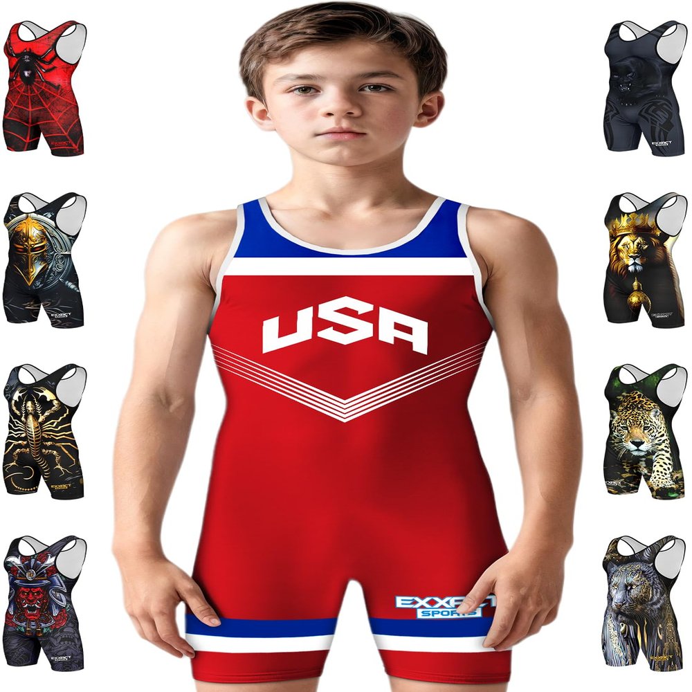 Exxact Sports Sublimated Youth Wrestling Singlet For Boys, Premium Powerlifting Singlet, Kids Wrestling Singlets For Training (YL, Red USA)