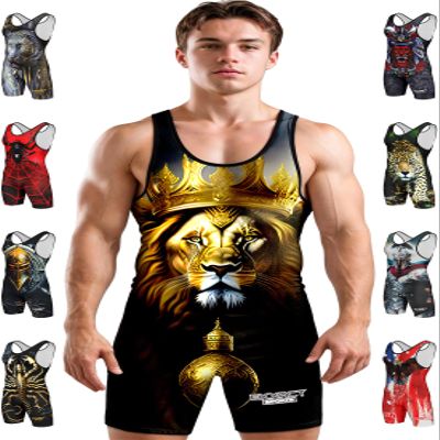 Exxact Sports Sublimated Men's Wrestling Singlet, High-Performance Powerlifting Singlet, Wrestling Singlets for Men (AXL, Lion)