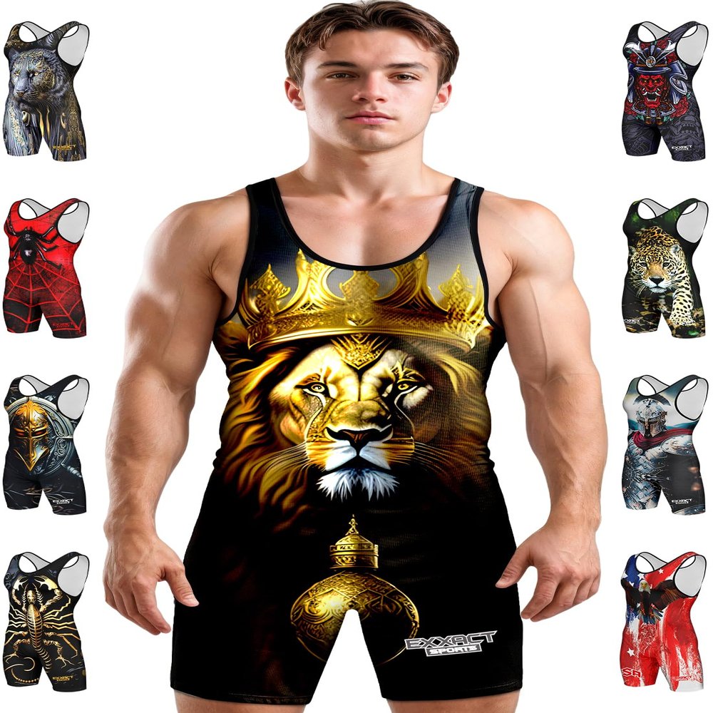Exxact Sports Sublimated Men's Wrestling Singlet, High-Performance Powerlifting Singlet, Wrestling Singlets for Men (AXL, Lion)