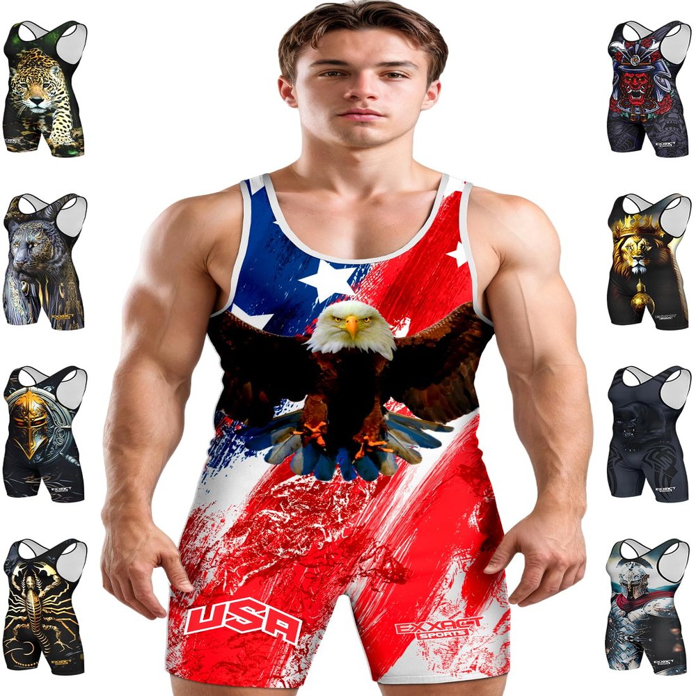 Exxact Sports Sublimated Men's Wrestling Singlet, High-Performance Powerlifting Singlet, Wrestling Singlets for Men (AXL, Brushy USA)