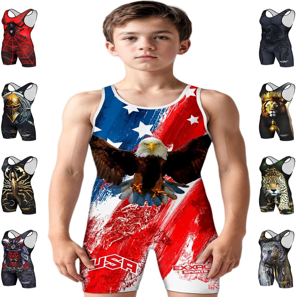 Exxact Sports Sublimated Youth Wrestling Singlet For Boys, Premium Powerlifting Singlet, Kids Wrestling Singlets For Training (YS, Brushy USA)