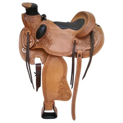 AHS us Designer Natural Ranch Roping Saddle with Cut Shape Black Cow Soft Leather seat (17")