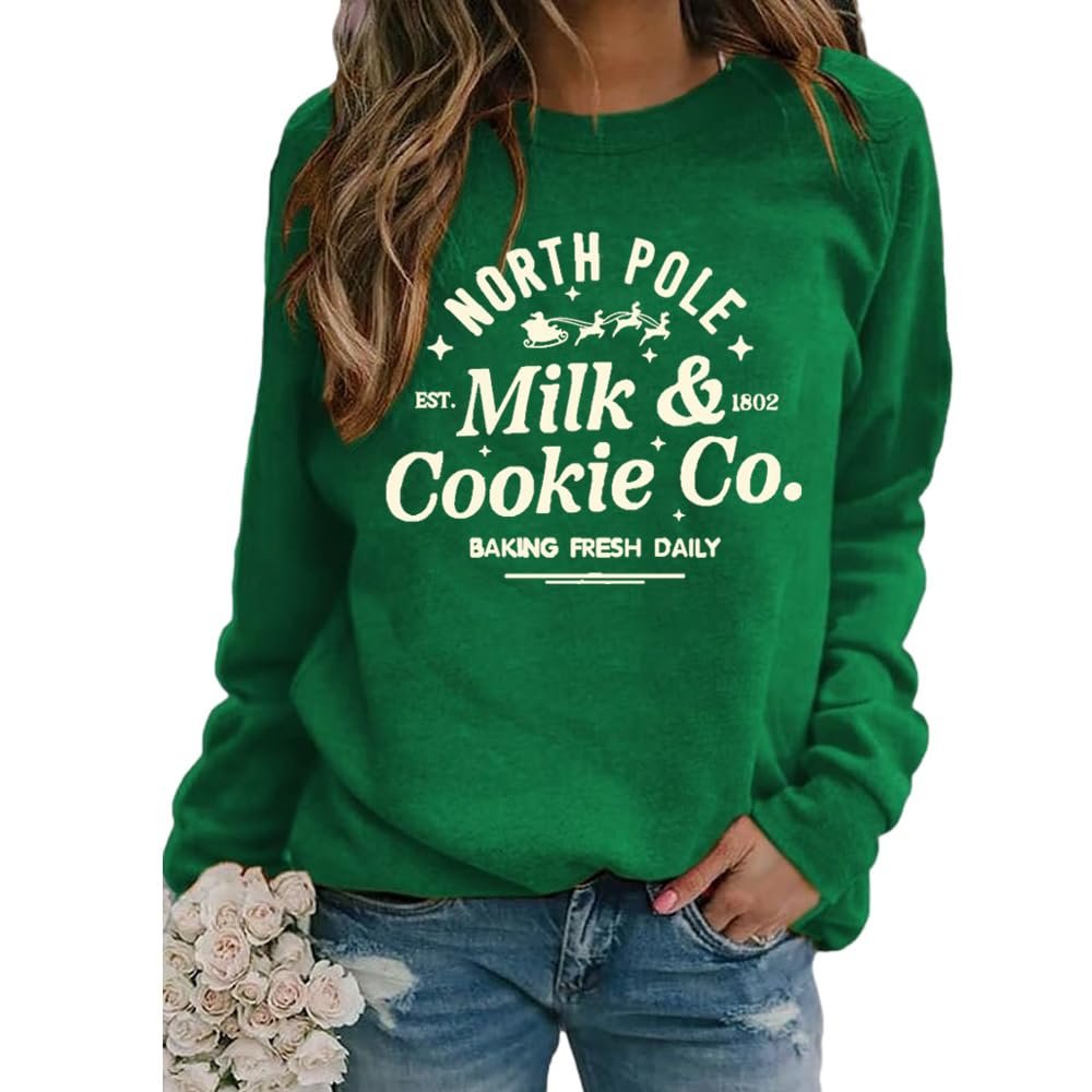 Faithgee North Pole Milk and Cookie Co Sweatshirt North Pole Cookie Sweatshirt Merry Christmas Sweatshirt Funny Gifts Tee Green