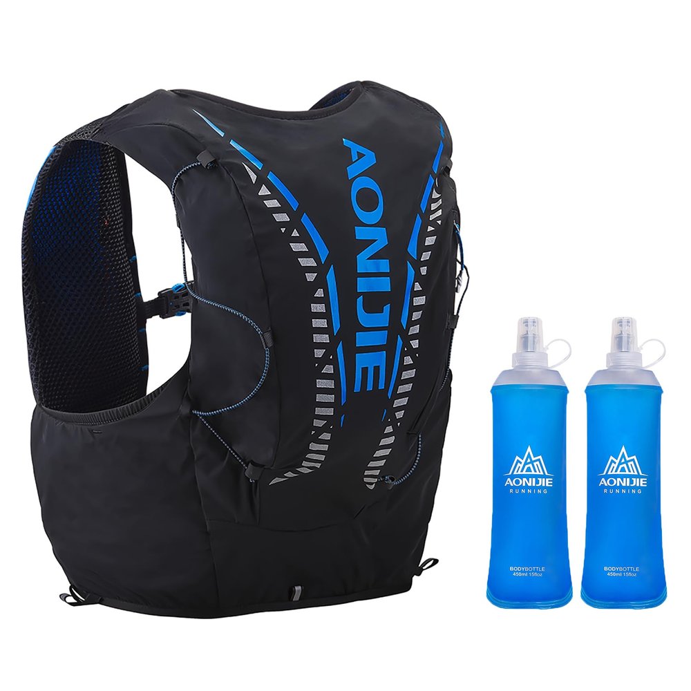 12L High Capacity Hydration Backpack with 2*450ML Soft Flask Lightweight Trail Running Vest for Hiking, Cycling, Climbing, Camping (Black with 2*450ml Soft Flask, M/L)