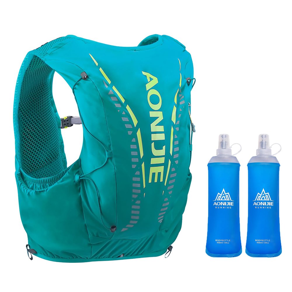 12L High Capacity Hydration Backpack with 2*450ML Soft Flask Lightweight Trail Running Vest for Hiking, Cycling, Climbing, Camping (Turquoise with 2*450ml Soft Flask, M/L)