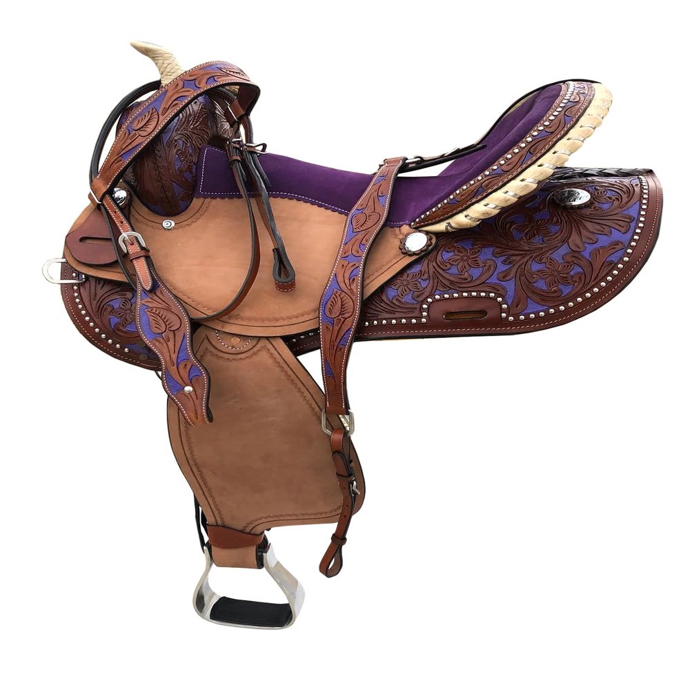 8" Inch Kids Youth Western Horse Barrel Saddle Leather Tack Set Matching Headstall Breast Collar Reins Purple (with Tack Set)