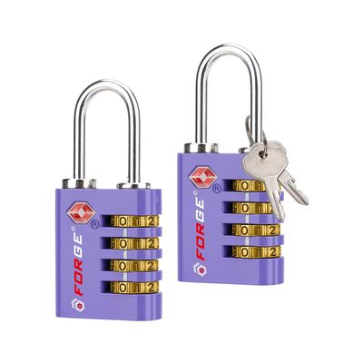 Forge Dual-Opening: Key or Combination Access Lock, TSA Approved Locks for Luggage, Pelican case, Travel, Gym, School, Stainless Steel Shackle. (Purple, 2 Pk)