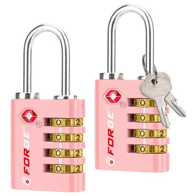 Forge Dual-Opening: Key or Combination Access Lock, TSA Approved Locks for Luggage, Pelican case, Travel, Gym, School, Stainless Steel Shackle. (Pink, 2 Pk)