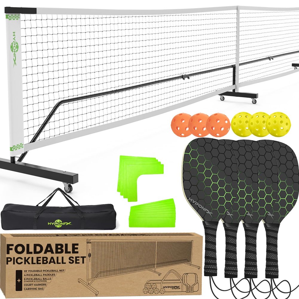 Foldable Pickleball Set with Net  Portable Outdoor Net with Wheels, 4 Paddles, Balls & Markers, Instant Setup, Compact Storage (7.5), Regulation Size for Driveway & Backyard Games, Easy Relocation