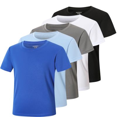 TAGIHOO 5 Pack Boys Mesh Athletic Quick Dry Short Sleeve Workout Moisture Wicking Active T-Shirt for Kids(B/W/G/BL/LB,S)