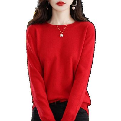 100% Wool Cashmere Women Knitted Sweater -Neck Long Sleeve Pullover Autumn Clothing Jumper Top s13 Red XS