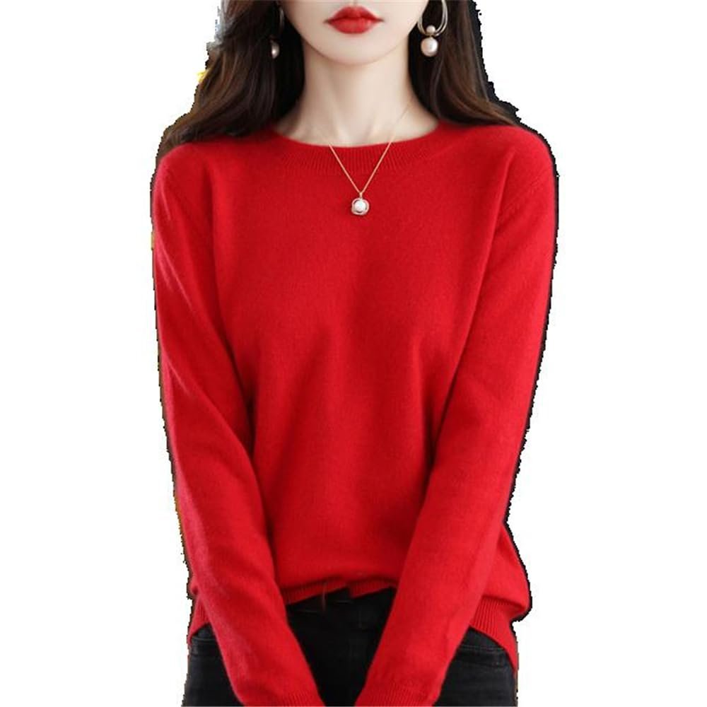 100% Wool Cashmere Women Knitted Sweater -Neck Long Sleeve Pullover Autumn Clothing Jumper Top s13 Red XS