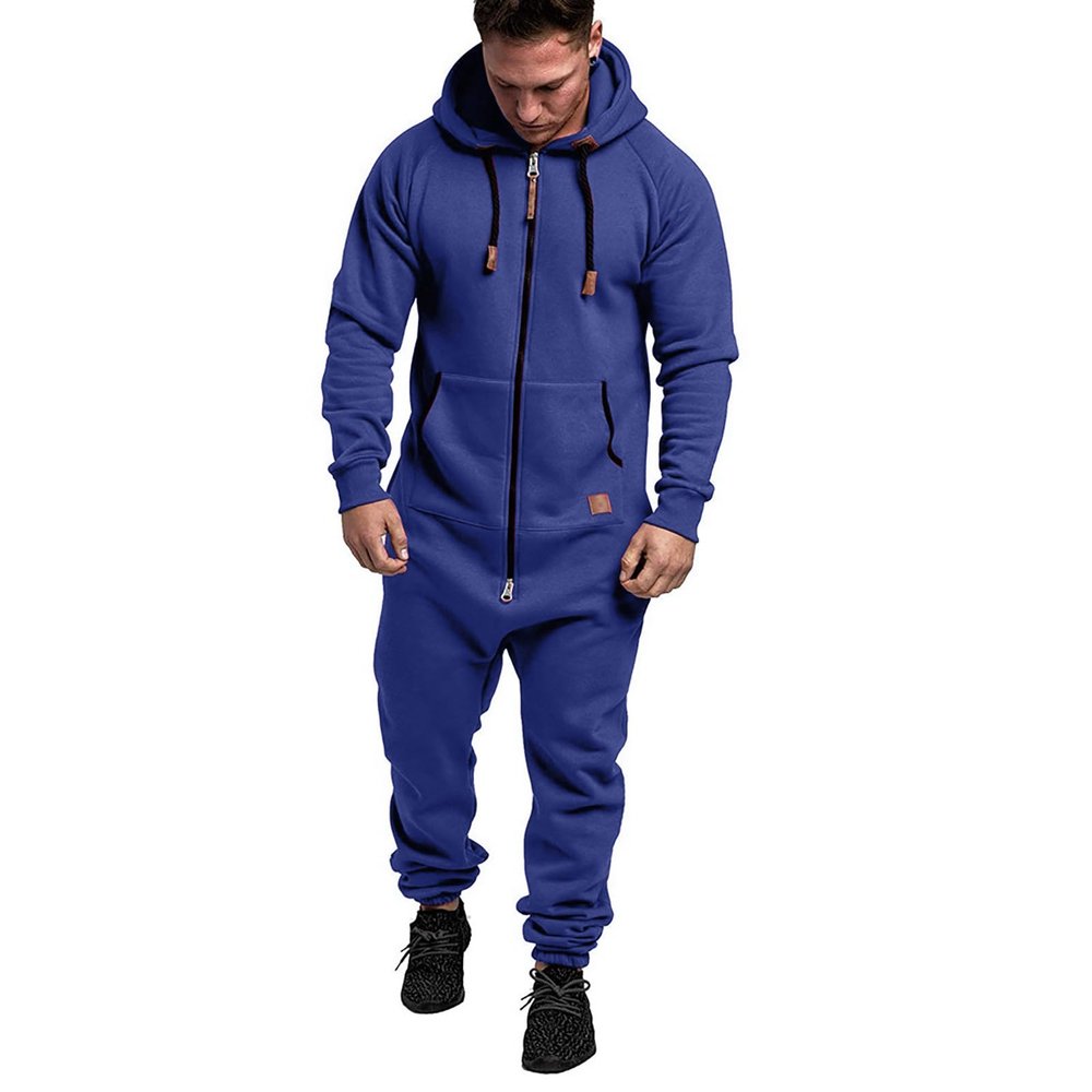 SteJar Men's Hooded Jumpsuit Zip Up One Piece Pajamas Playsuit Jogger Sweatsuit Overall Romper (Blue,4X-Large)