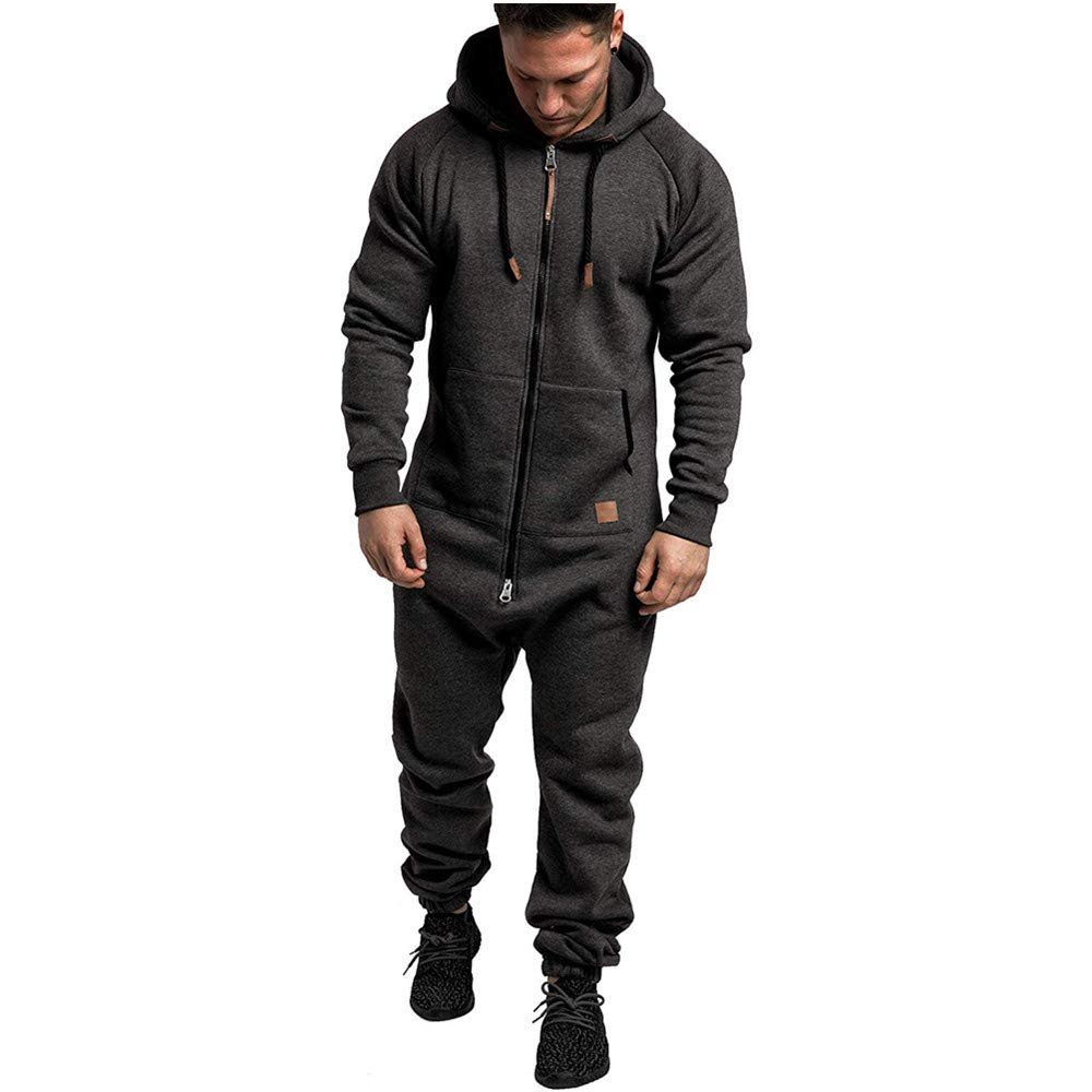 SteJar Men's Hooded Jumpsuit Zip Up One Piece Pajamas Playsuit Jogger Sweatsuit Overall Romper (Dark Grey,3X-Large)