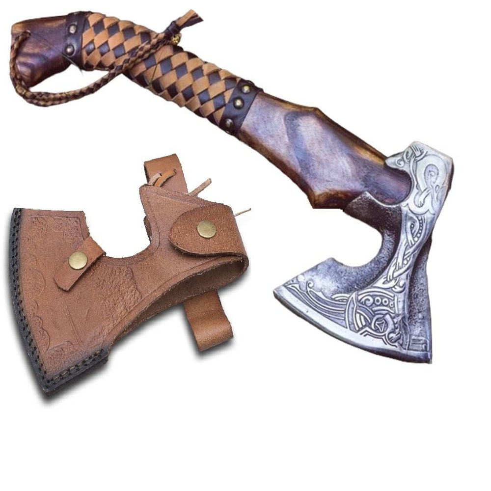 QEPAA CRAFTS 19" Custom Gift Hand Forged Viking Axe- Carbon Steel Camping Axe with Rose Wood Shaft - Viking Gifts for Men, Bearded Camping Axe (VALHALA 19)