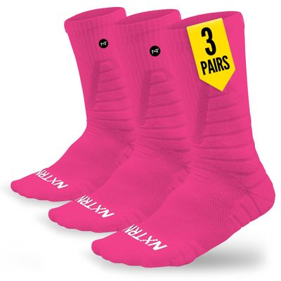 NXTRND 3 Pairs Compression Sports Crew Socks for Men, Cushion Athletic Socks, Basketball, Football and Running (Pink, S/M)