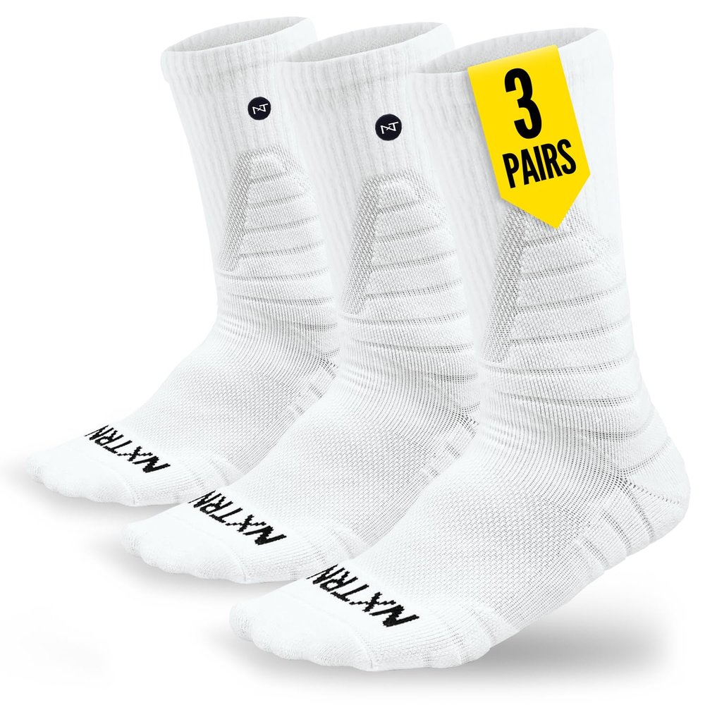 NXTRND 3 Pairs Compression Sports Crew Socks for Men, Cushion Athletic Socks, Basketball, Football and Running (White, S/M)