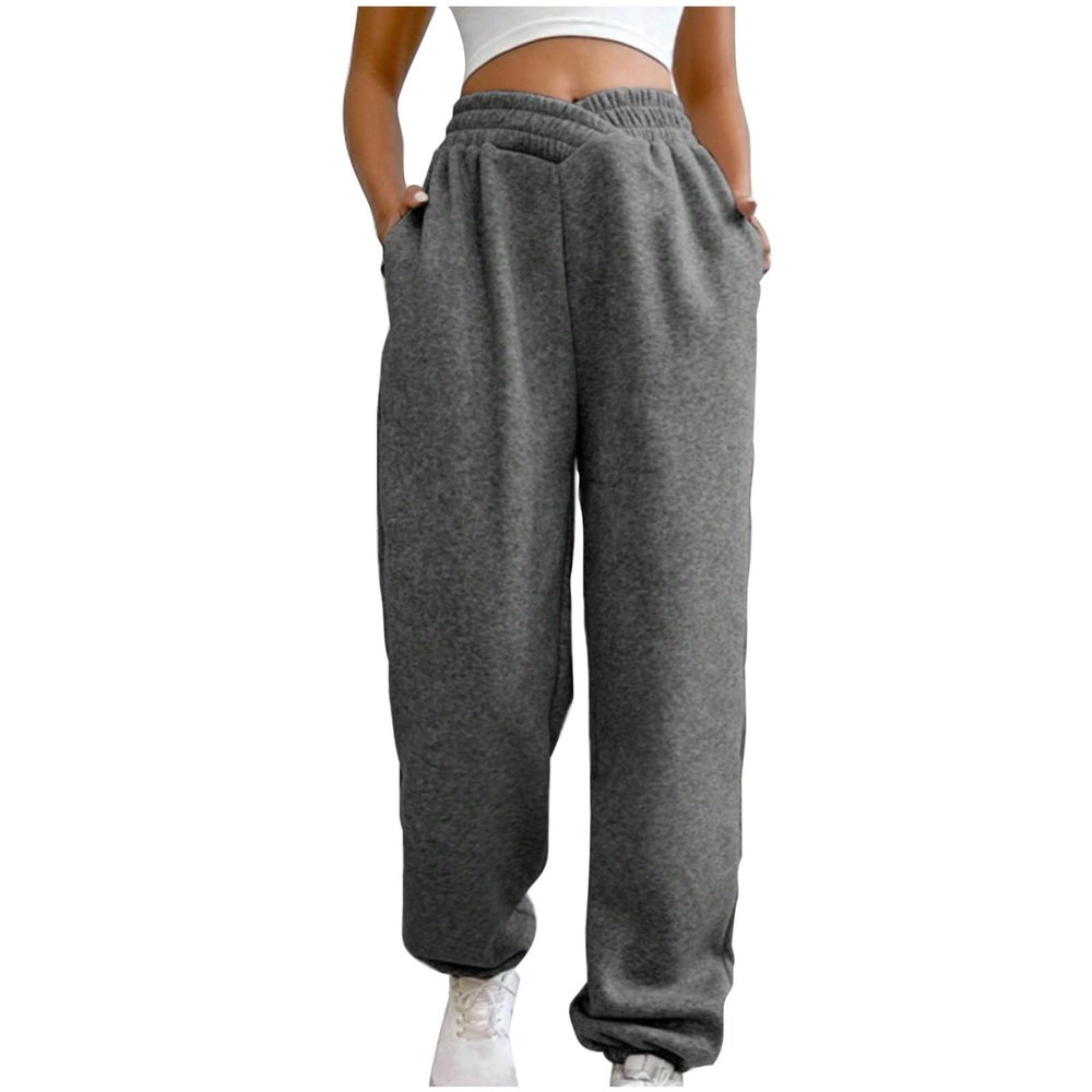 Crossover High Waisted Sweatpants for Women Asymmetrical Cross V Waist Pants Baggy Lounge Running Jogger with Pocket Dark Gray