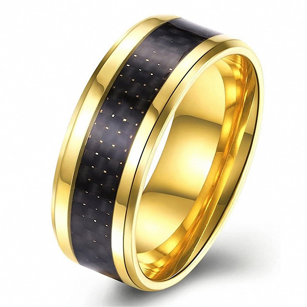 8 mm Gold Tungsten Carbide Ring for Men Women Wedding Band Black Carbon Fiber Inlay Beveled Polished Shiny with Comfort Fit