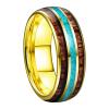 8 mm Gold Tungsten Carbide Rings for Men Women Turquoise Koa Wood Inlay Wedding Bands Polished Shiny Domed Comfort Fit view 1