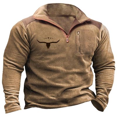 Glkaend Mens Vintage Sweatshirt Pullover Cow Skull Graphic 1/4 Zip Up Western Aztec Fall Warm Sweaters Tops,By01,S