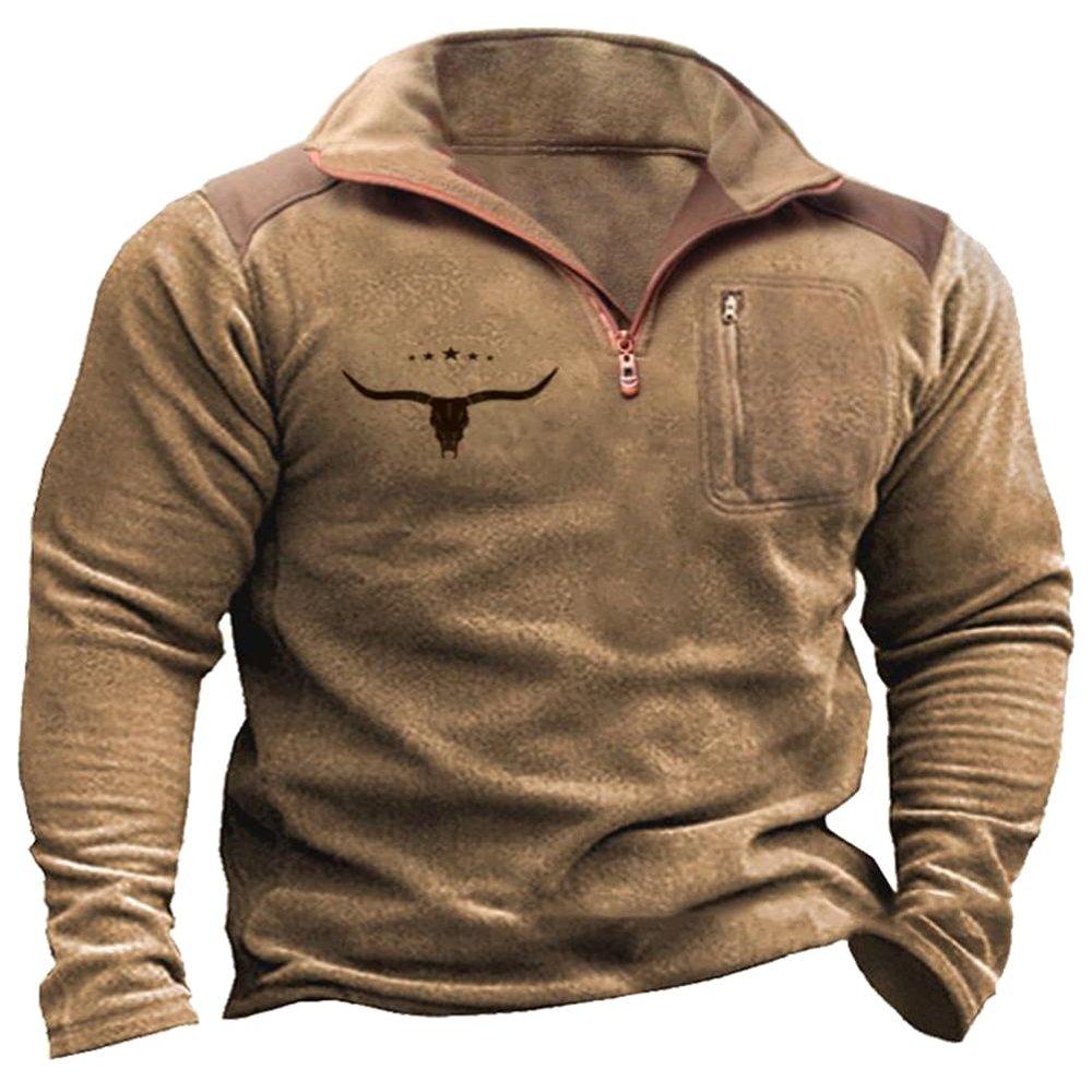 Glkaend Mens Vintage Sweatshirt Pullover Cow Skull Graphic 1/4 Zip Up Western Aztec Fall Warm Sweaters Tops,By01,S