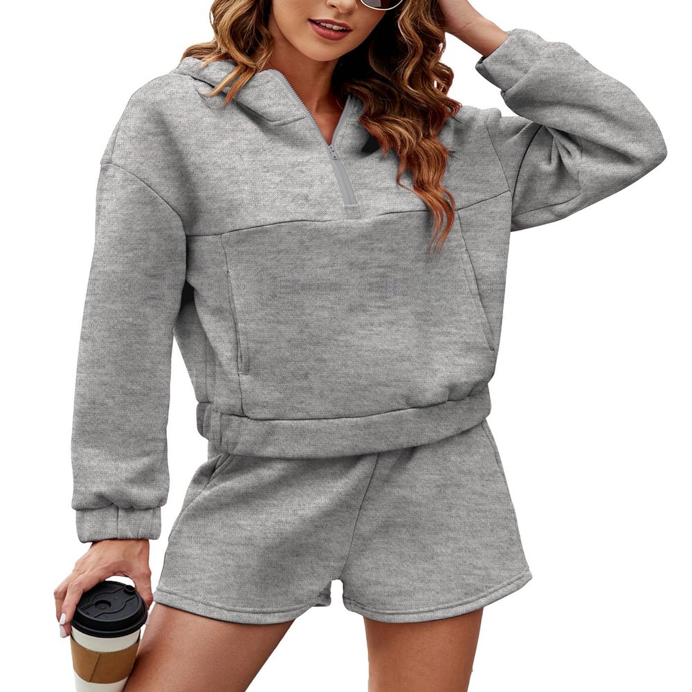 FKEEP Womens 2 Piece Sweatsuit Outfits Half Zip Hoodie Sweat with Shorts Pockets Lounge Winter Tracksuit Wear Matching Set